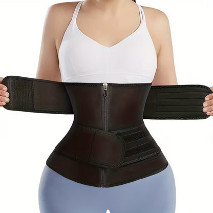Women's Double Belt Waist Trainer – Zipper &amp; Hook Compression Cincher