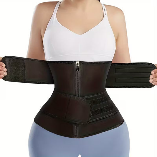 Women's Double Belt Waist Trainer – Zipper &amp; Hook Compression Cincher