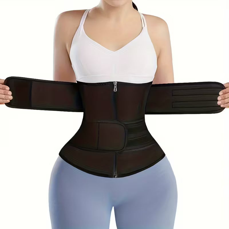 Women's Double Belt Waist Trainer – Zipper &amp; Hook Compression Cincher